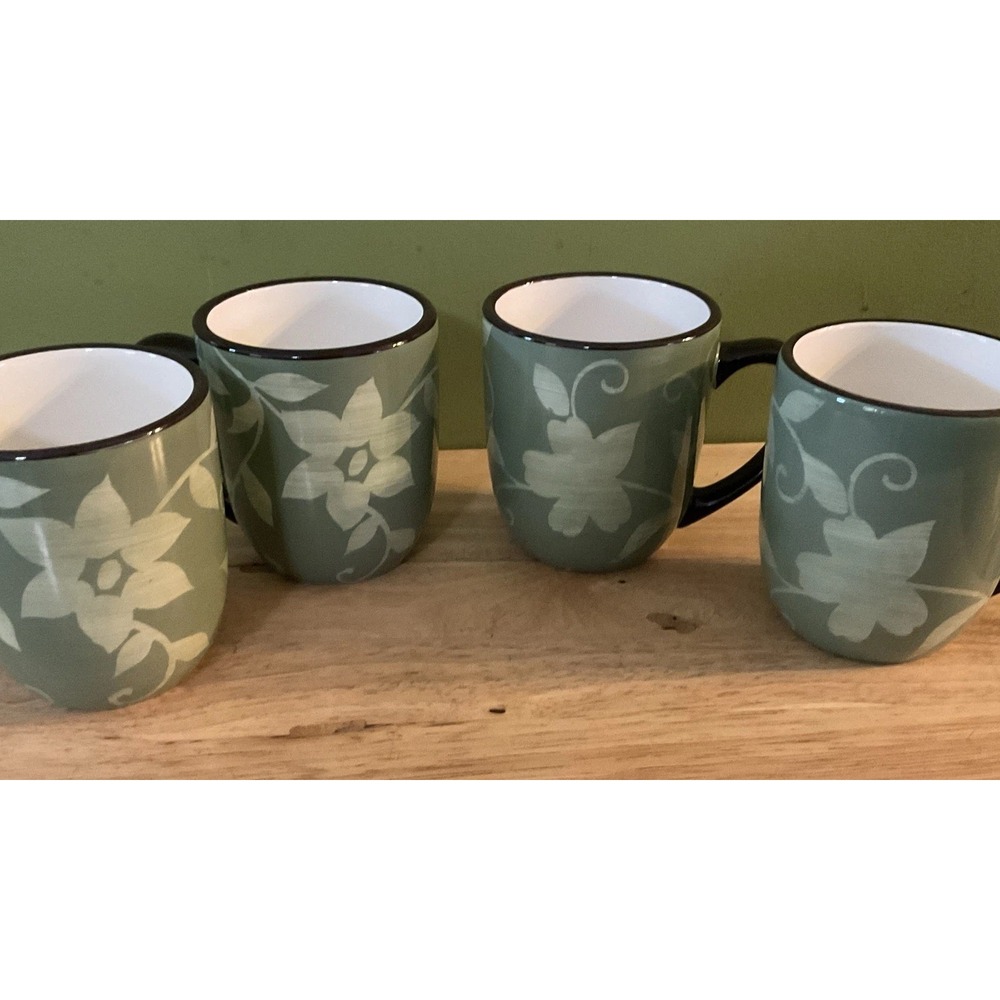 Set Of 4 Pfaltzgraff Patio Garden 10oz Coffee‎ Mugs, Green And Brown